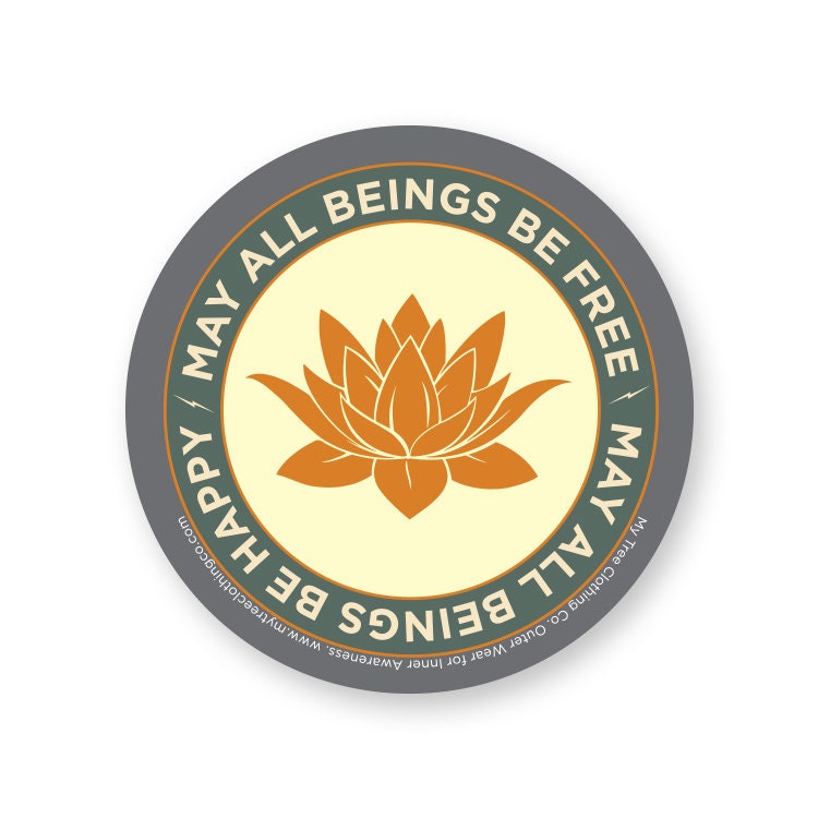 Original artwork for 4" circular sticker with a saffron colored lotus flower design and Mettā prayer.