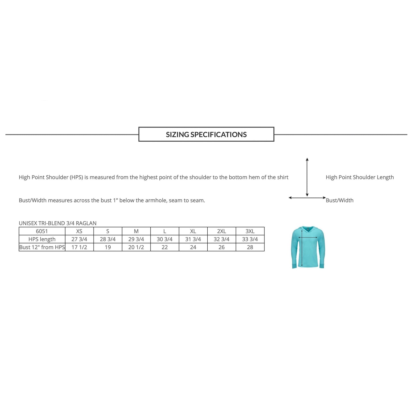 Sizing chart for a Tri-Blend Raglan shirt with measurements and a sample shirt on a white background.