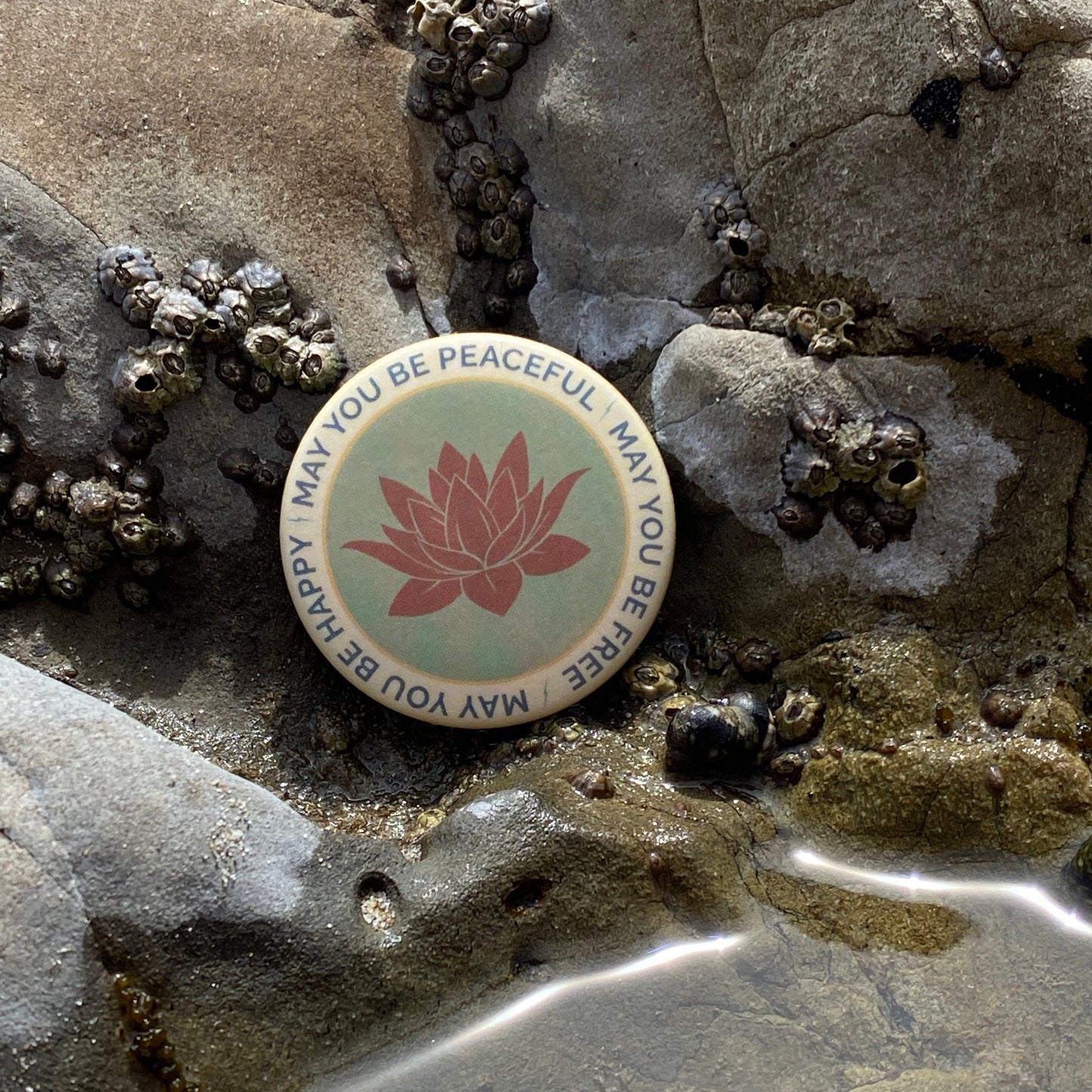 Button with lotus flower design and text on a rocky surface