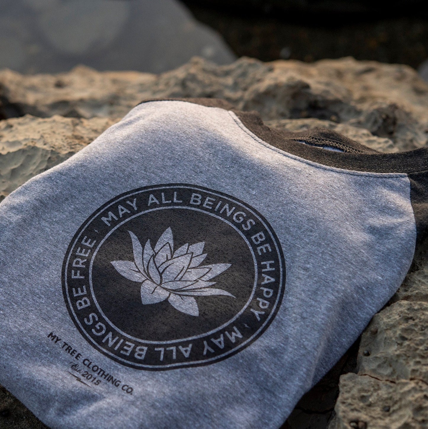 Gray t-shirt with a black circular design featuring a lotus flower and text on a rocky surface.