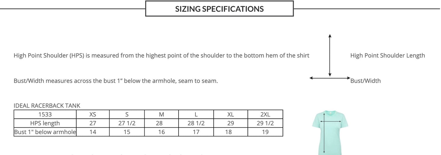 Sizing chart for a racerback tank top with measurements and diagram.