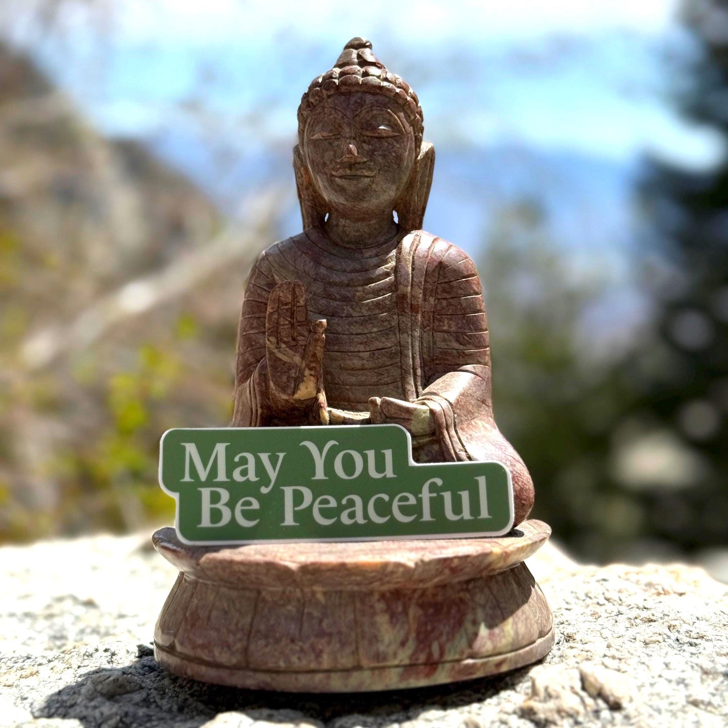 Buddha statue holding a 4" green and white sticker that reads 'May You Be Peaceful' with a natural background.
