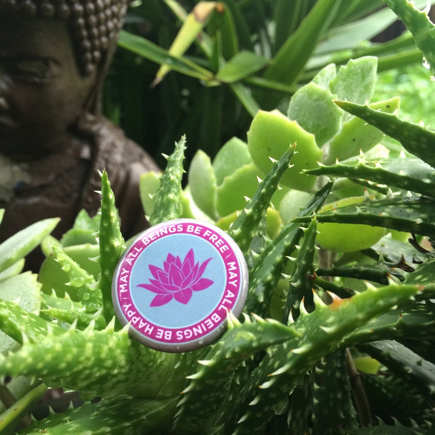 1.25" round pin back button with a purple lotus design and text, may all beings be free may all beings be happy, on green plants.