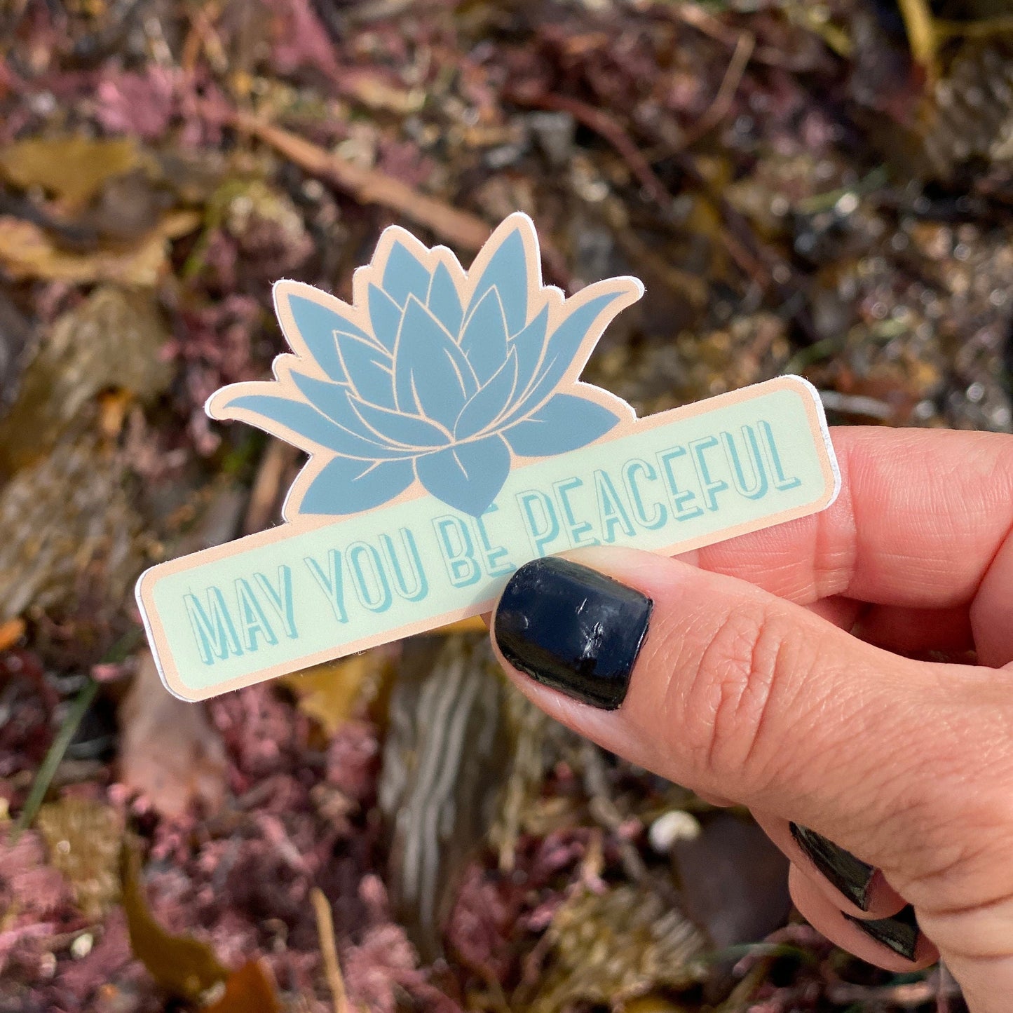 Hand holding a sticker with a blue lotus flower and text 'May you be peaceful' against a natural background.