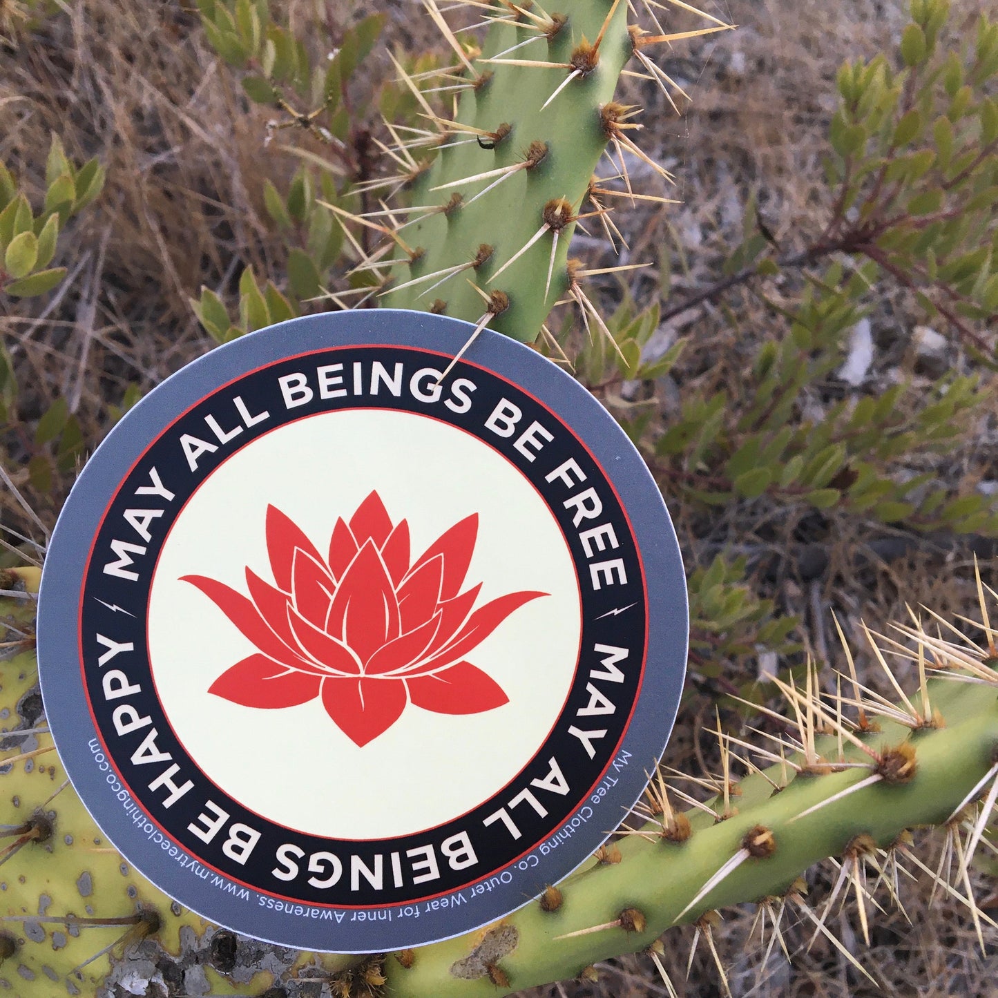 Sticker with a red lotus flower and text may all beings be happy may all beings be free on a cactus plant
