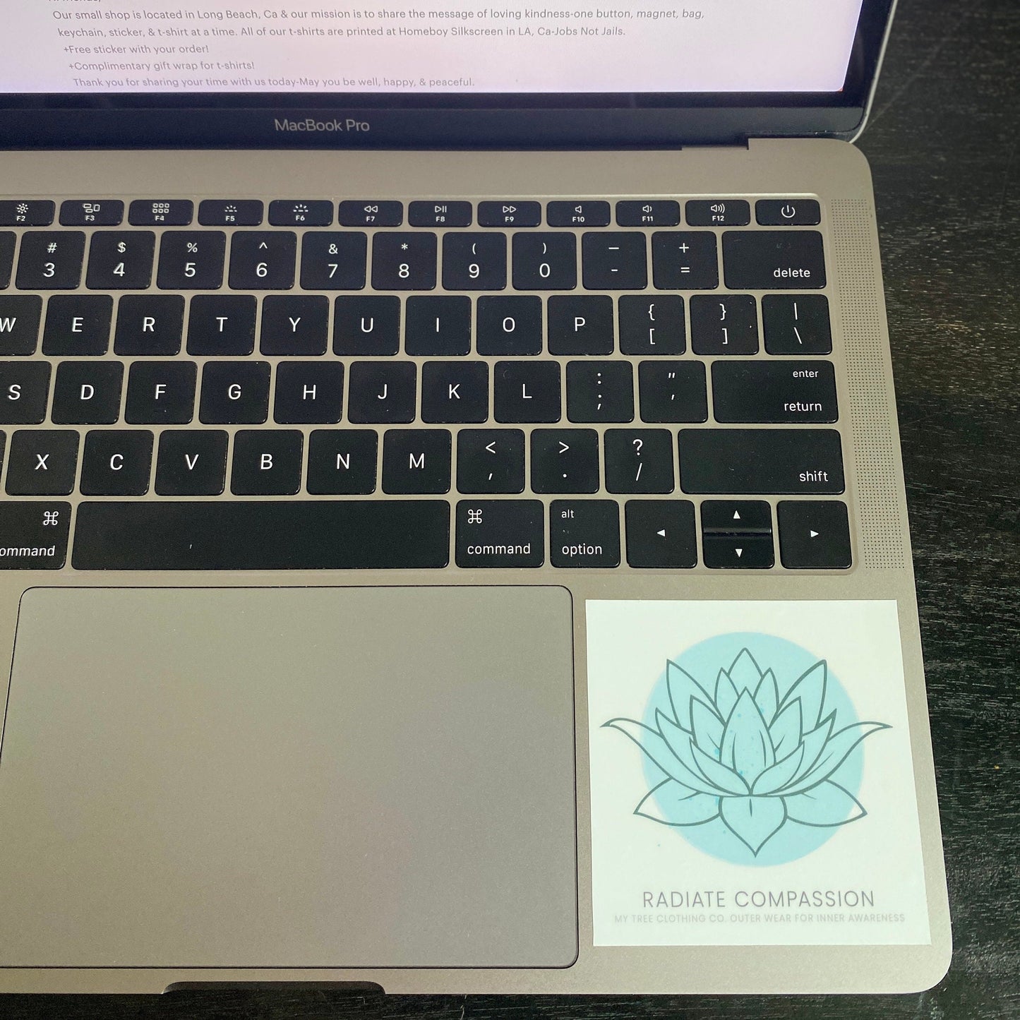 Laptop with a sticker featuring a 3" square sticker with a blue lotus design and text, radiate compassion.