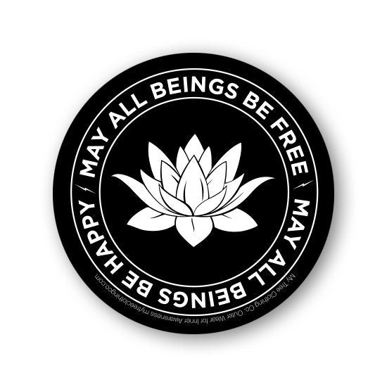 Original artwork for a 4" Buddhist circular sticker with a lotus flower and text 'May all beings be free, may all beings be happy' on a white background.