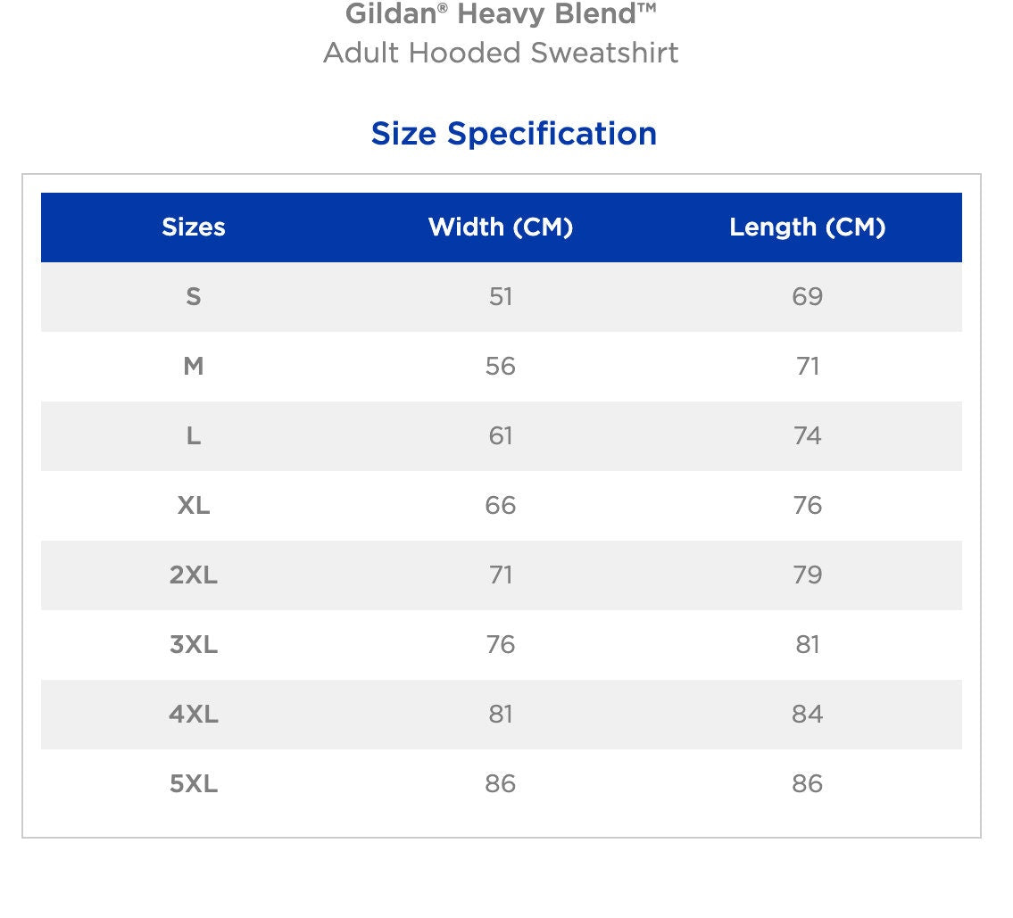Size specification chart for Gildan Heavy Blend Adult Hooded Sweatshirt