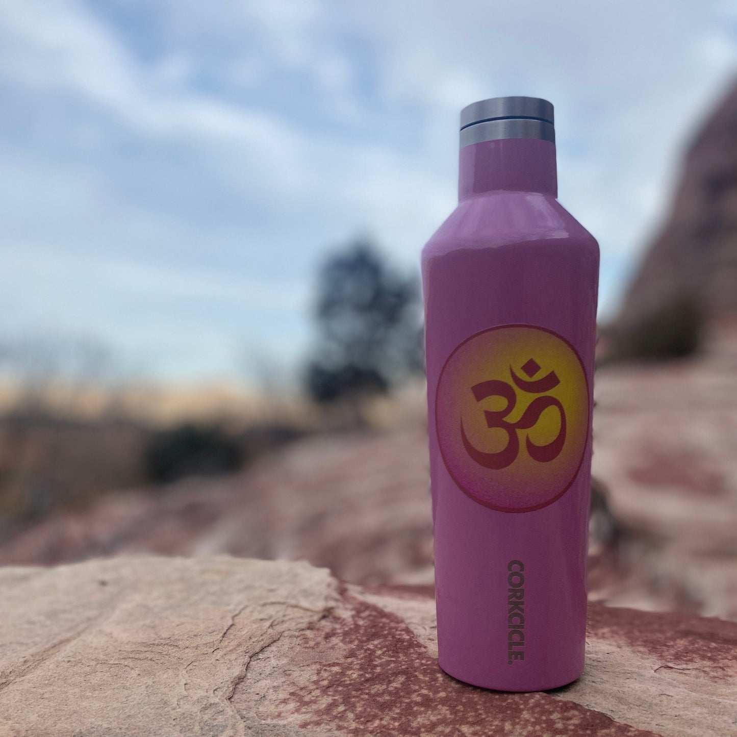Pink Corkcicle water bottle with a 3" round pink and gold Om symbol on a rock with blurred natural background.