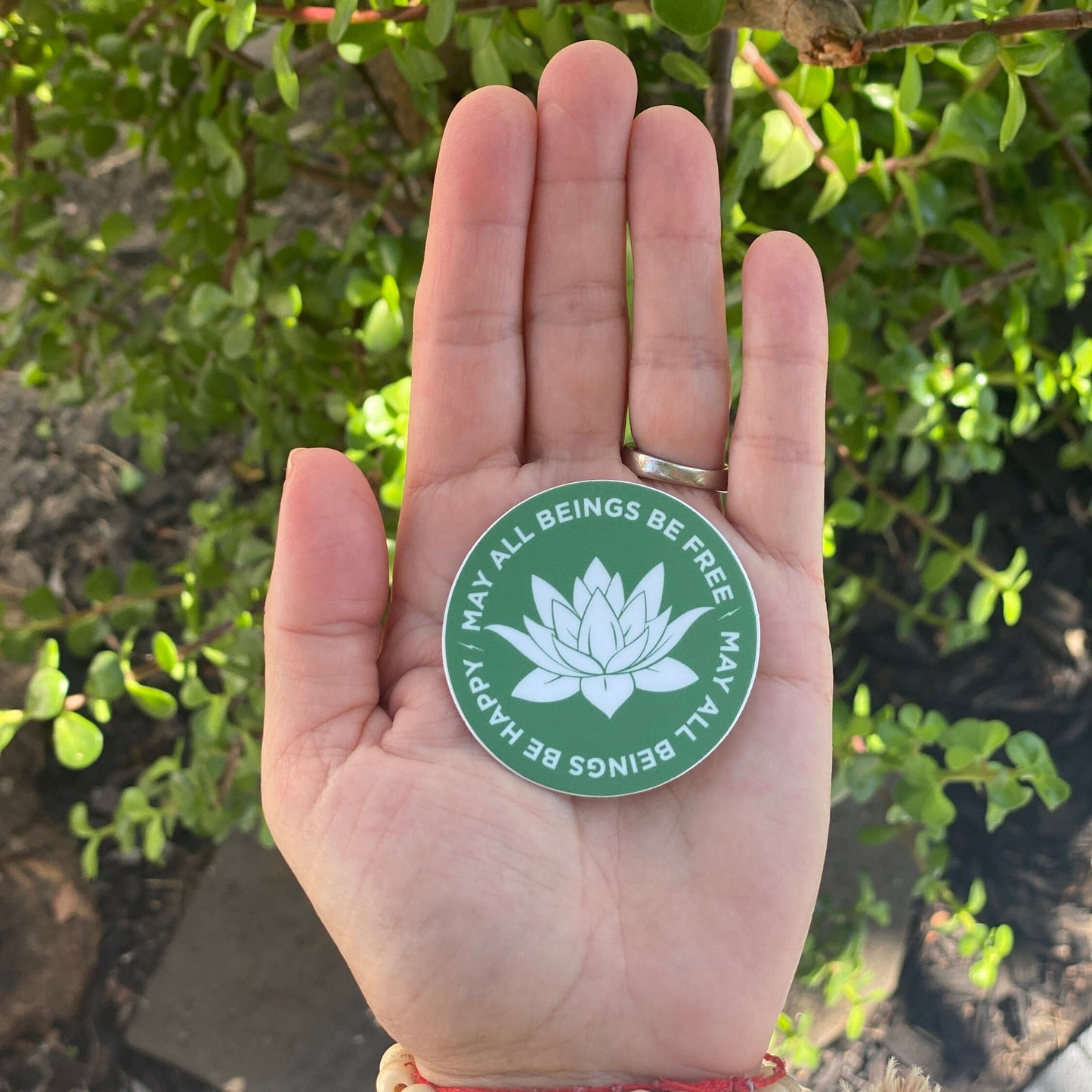 Hand holding a 2" round green sticker with a white lotus Buddhist design and the text, may all beings be free may all beings be happy, against a natural background.