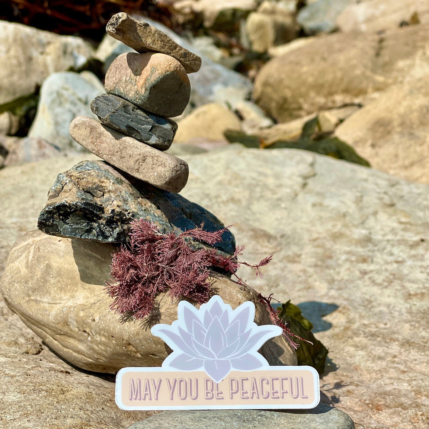 Stack of stones with a 'May You Be Peaceful' sign on a rocky surface.