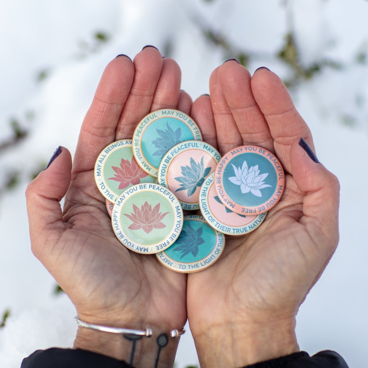 May You Be Peaceful-May You Be Free-May You Be Happy 1.5" Lotus Pinback Button | Buddhist Prayer | Made in USA
