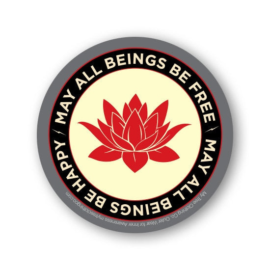 Round sticker with red lotus flower and text, may all beings be happy may all beings be free on a white background