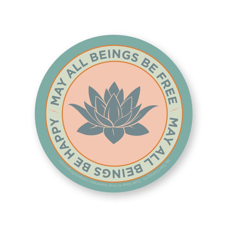 Original artwork for 4" circular sticker with lotus flower and text 'May all beings be free, happy' on a light blue background.