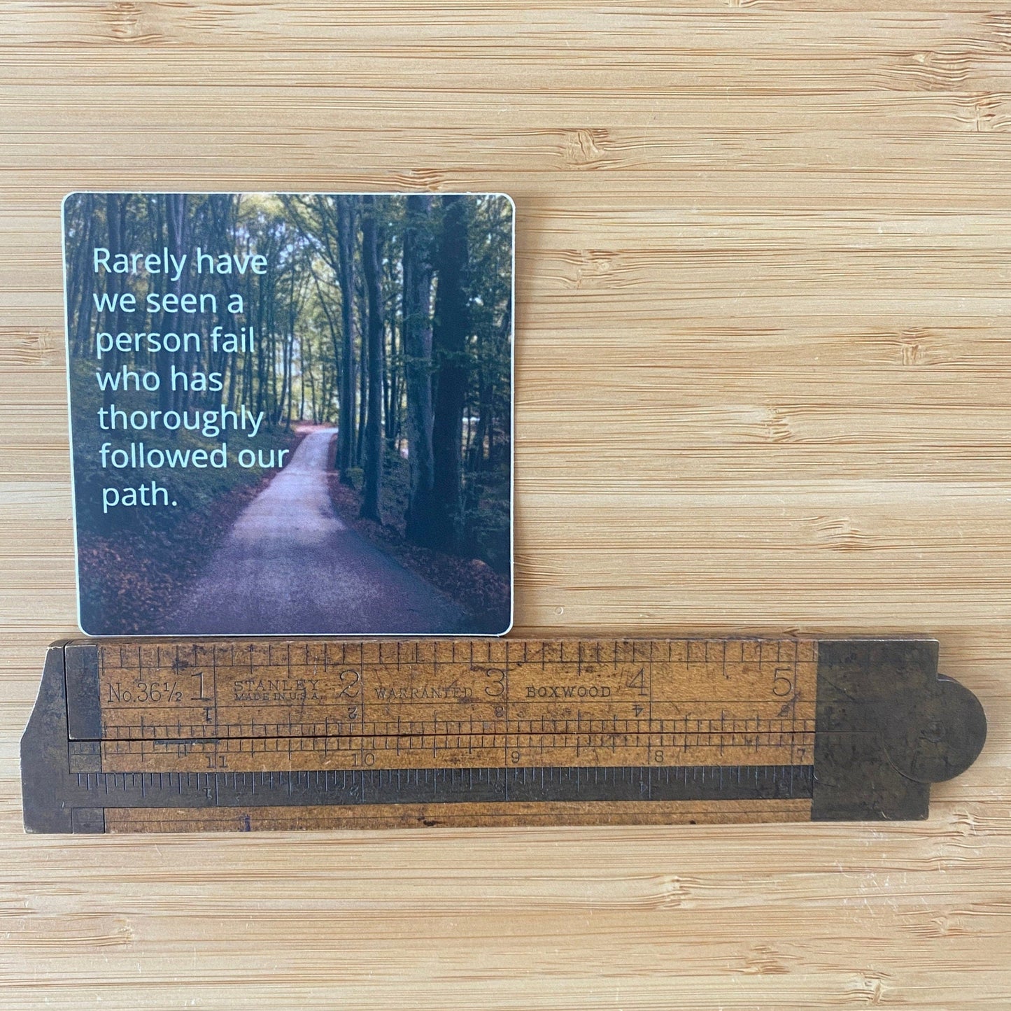 3" square 12 step recovery sticker with a quote from the big book of alcoholics anonymous, 'rarely have we seen a person fail who has thoroughly followed our path.'