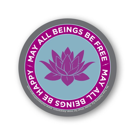 Original artwork for a 4" circular Buddhist sticker with a purple lotus flower and text, may all beings be free may all beings be happy.