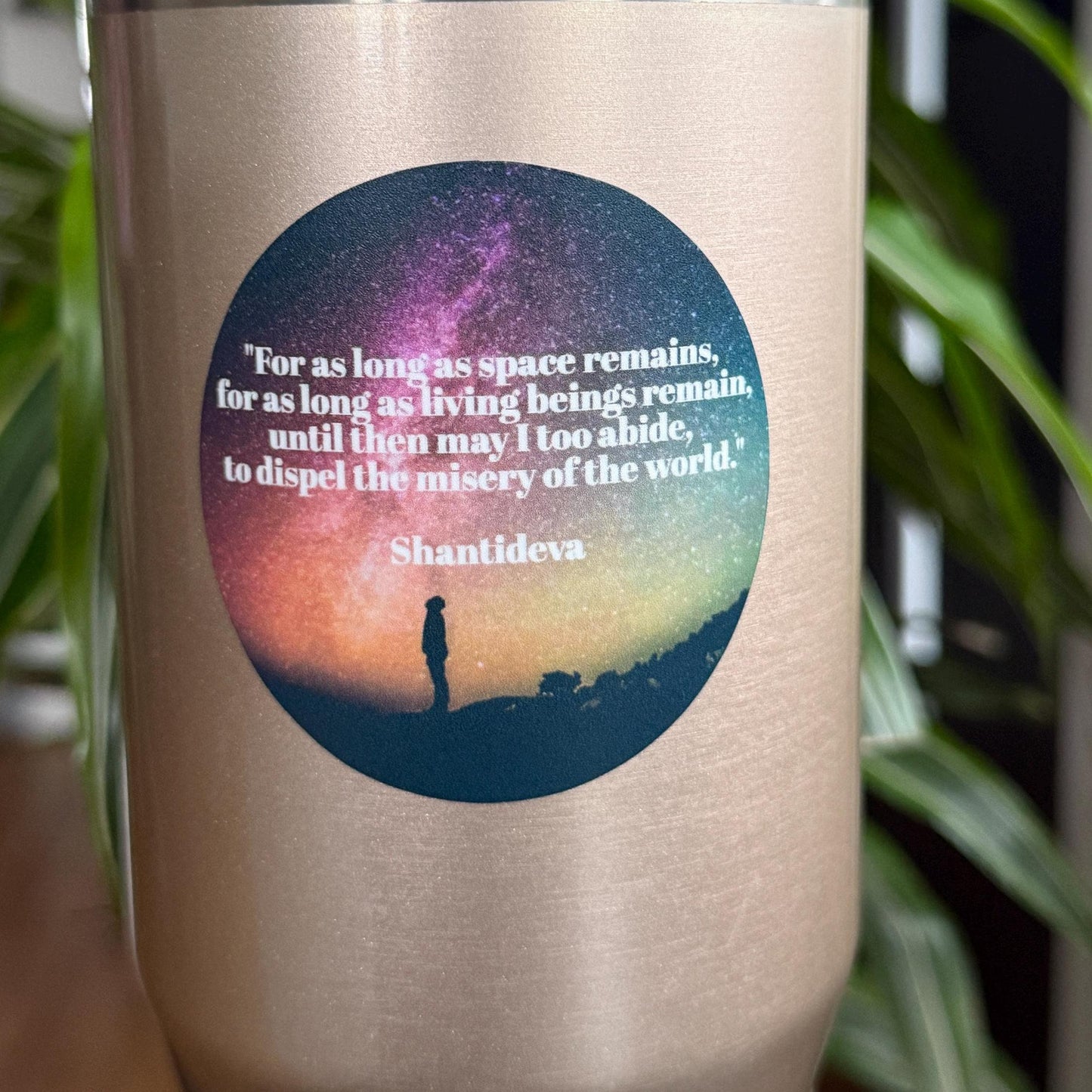 Tumbler with a colorful design and Shantideva quote on a blurred background