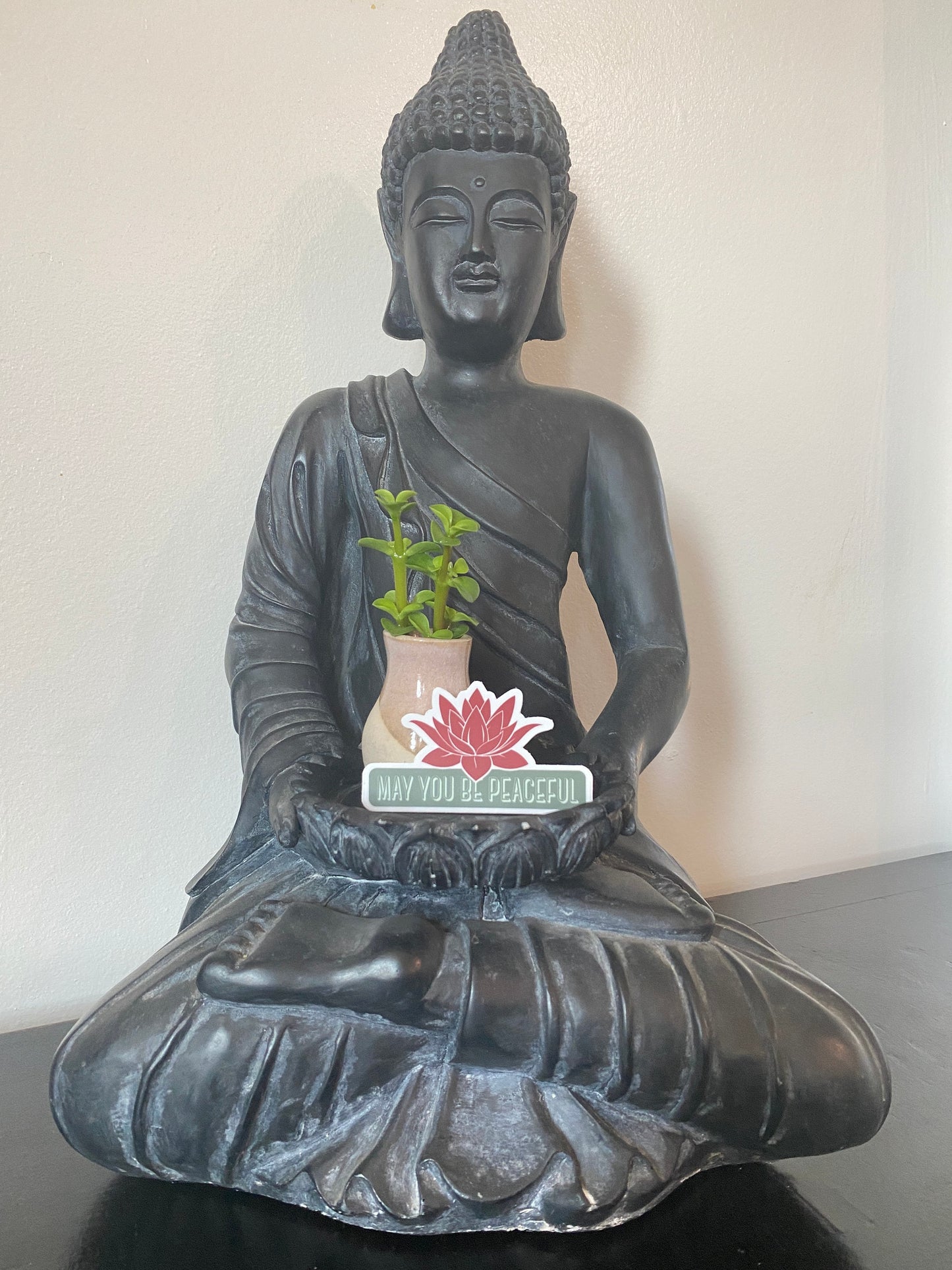 Black Buddha statue with a potted plant on a white background with a sticker with a red lotus flower design and text, may you be peaceful.