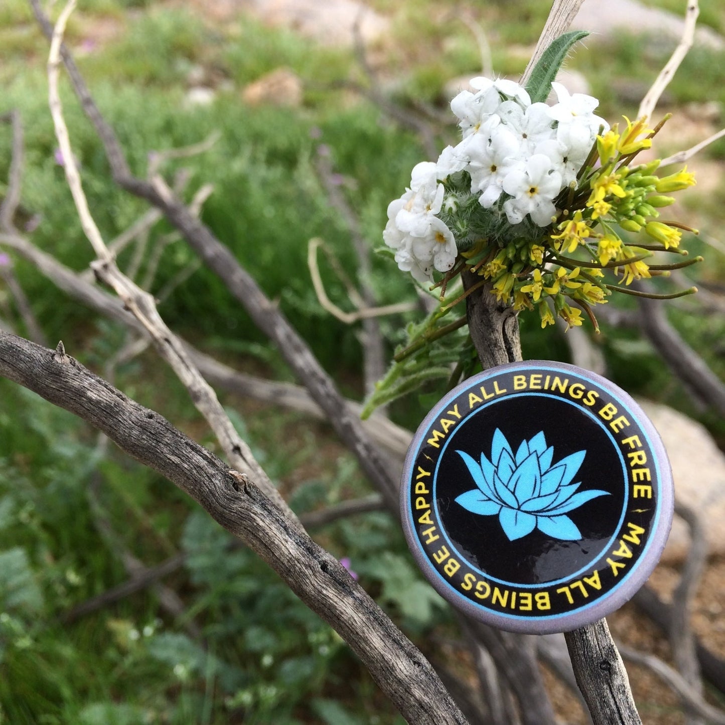 1.25" black and blue lotus button with the Buddhist prayer, may all beings be free may all beings be happy, on a branch with flowers.