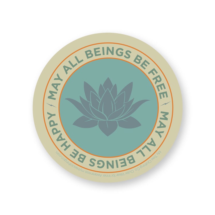 Original artwork for 4" round sticker with lotus flower and text 'May all beings be free' on a white background.