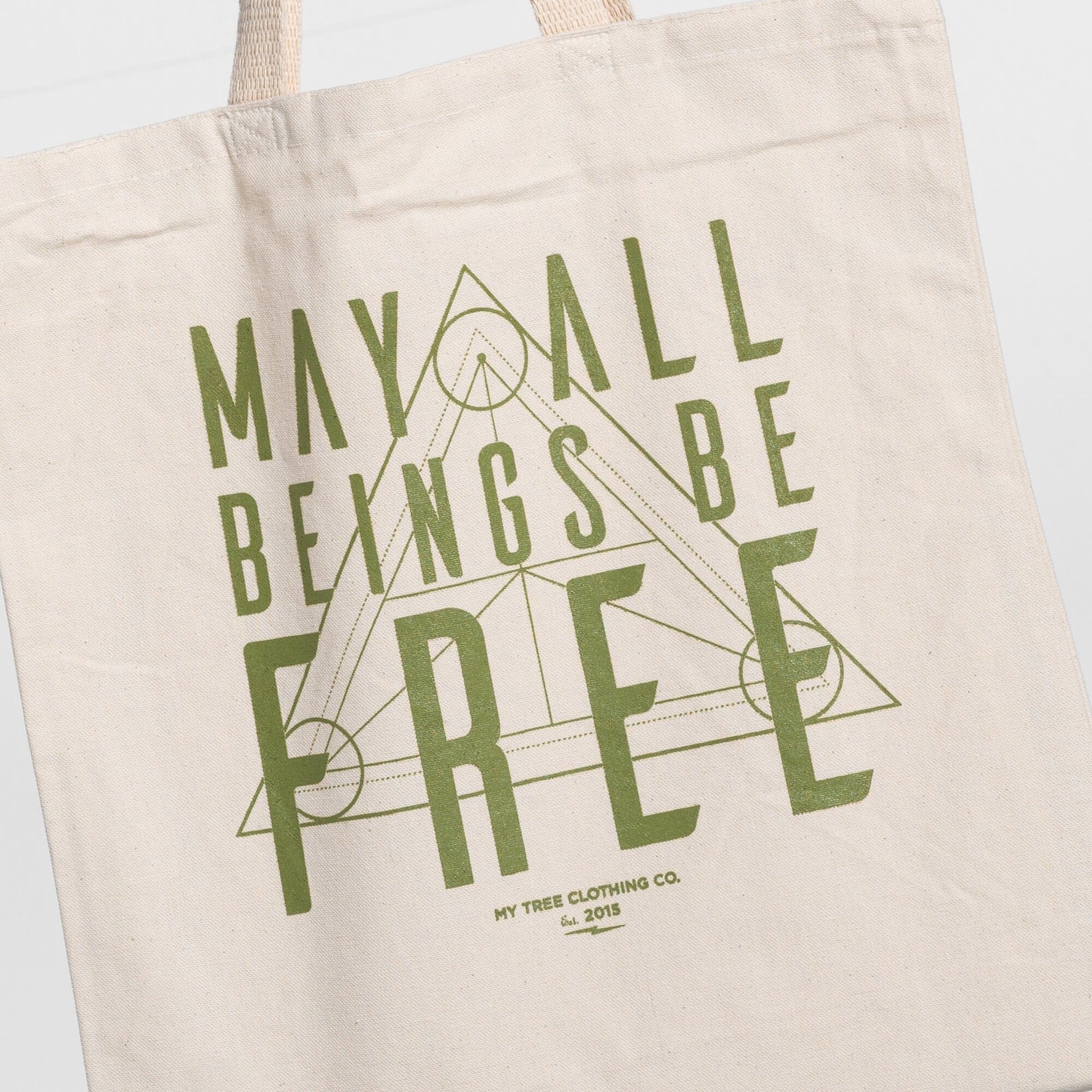 Close up beige tote bag with Buddhist mantra in olive green with the text, may all beings be free.