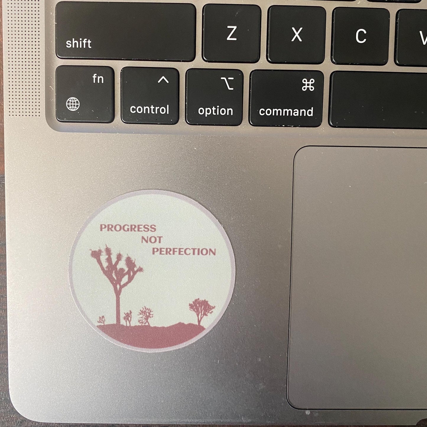 Laptop with a sticker on the palm rest area featuring Joshua trees and the text 'PROGRESS NOT PERFECTION'.