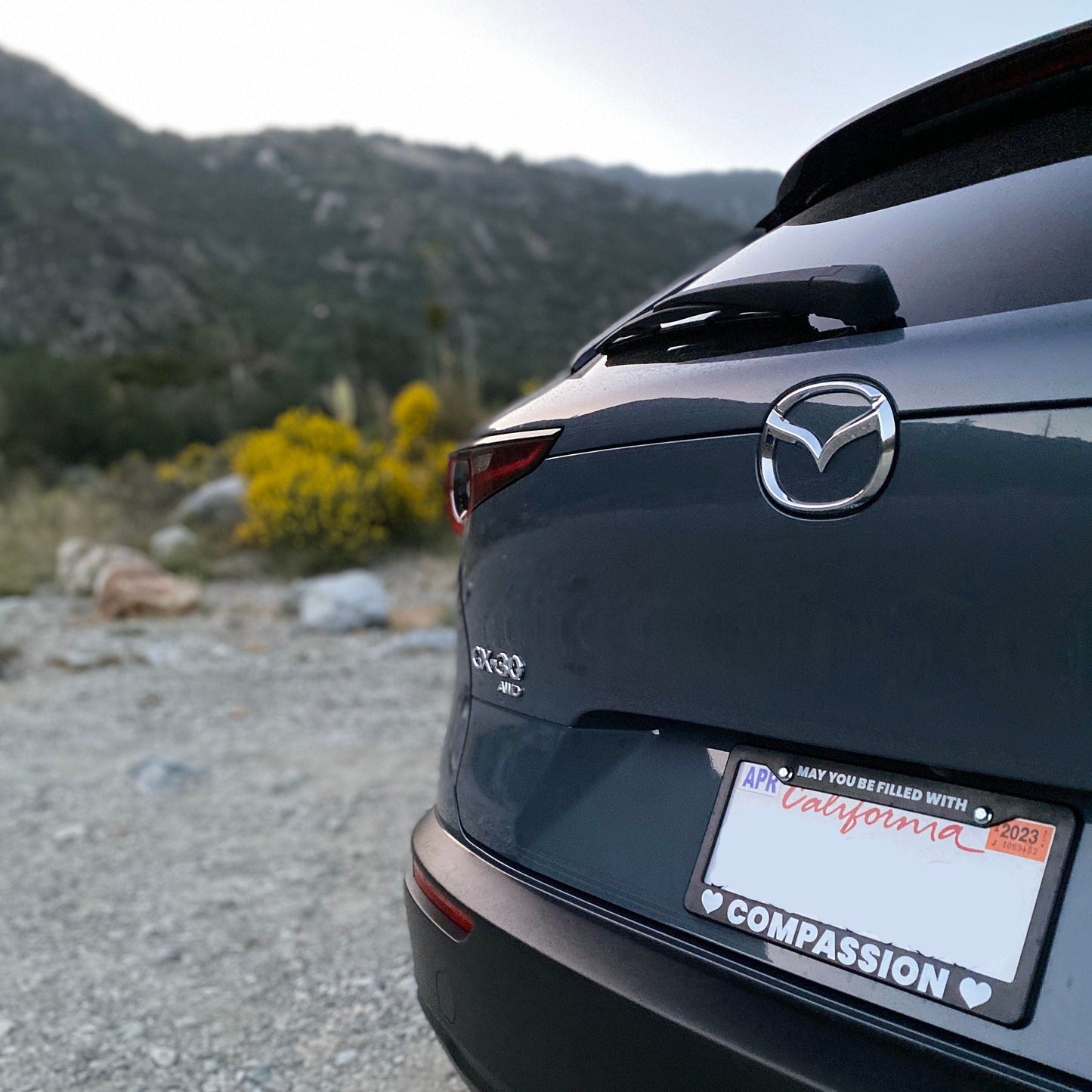 Mazda car with a black and white license plate in a mountainous area. The license plate says "may you be filled with compassion"