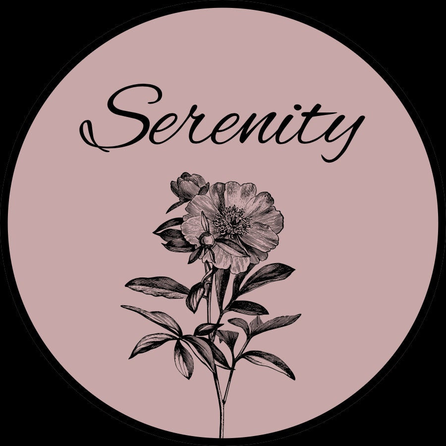 Original artwork for 12 step recovery pink floral design with the word 'Serenity' on a black background.