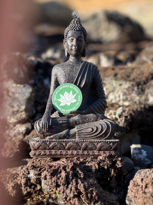 Buddha statue with a 2" round green sticker with a white lotus Buddhist design and the text, may all beings be free may all beings be happy on a rocky background.