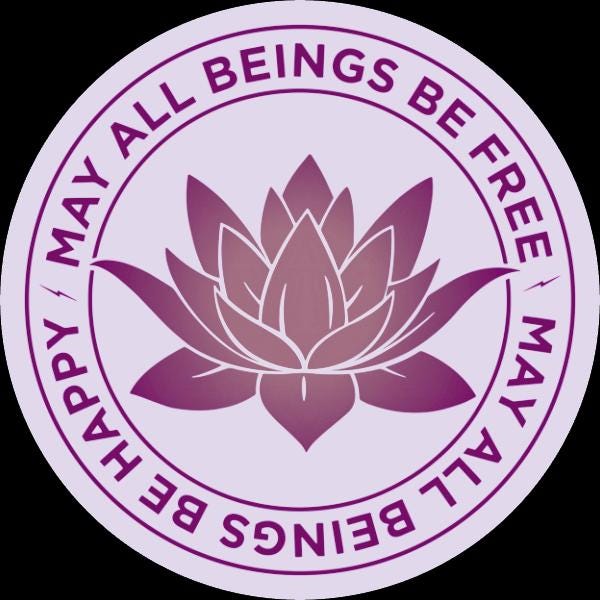 Original artwork for 2" purple sticker with a lotus design and the text, may all beings be free may all beings be happy.