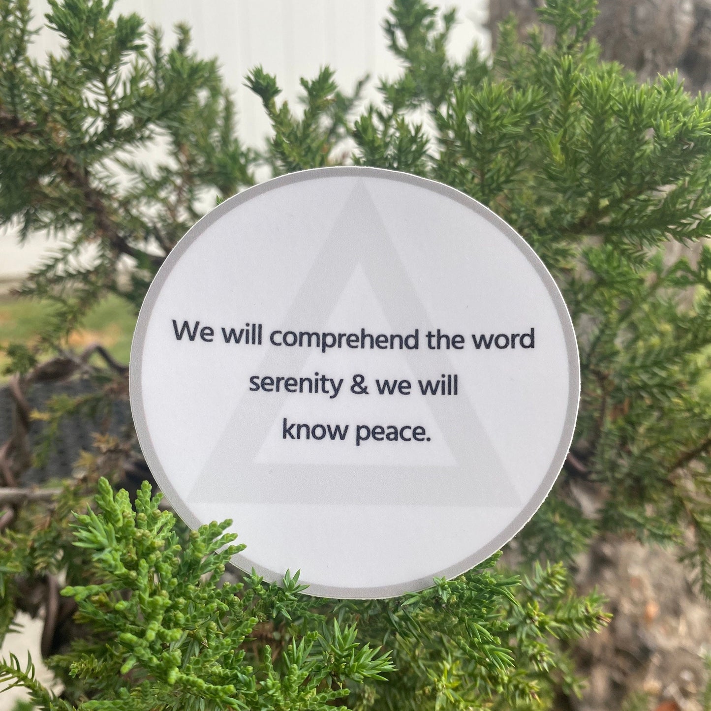 Three inch round white sticker with AA circle and triangle design and the quote, we will comprehend the word serenity and we will know peace. It is in front of a green bonsai tree.
