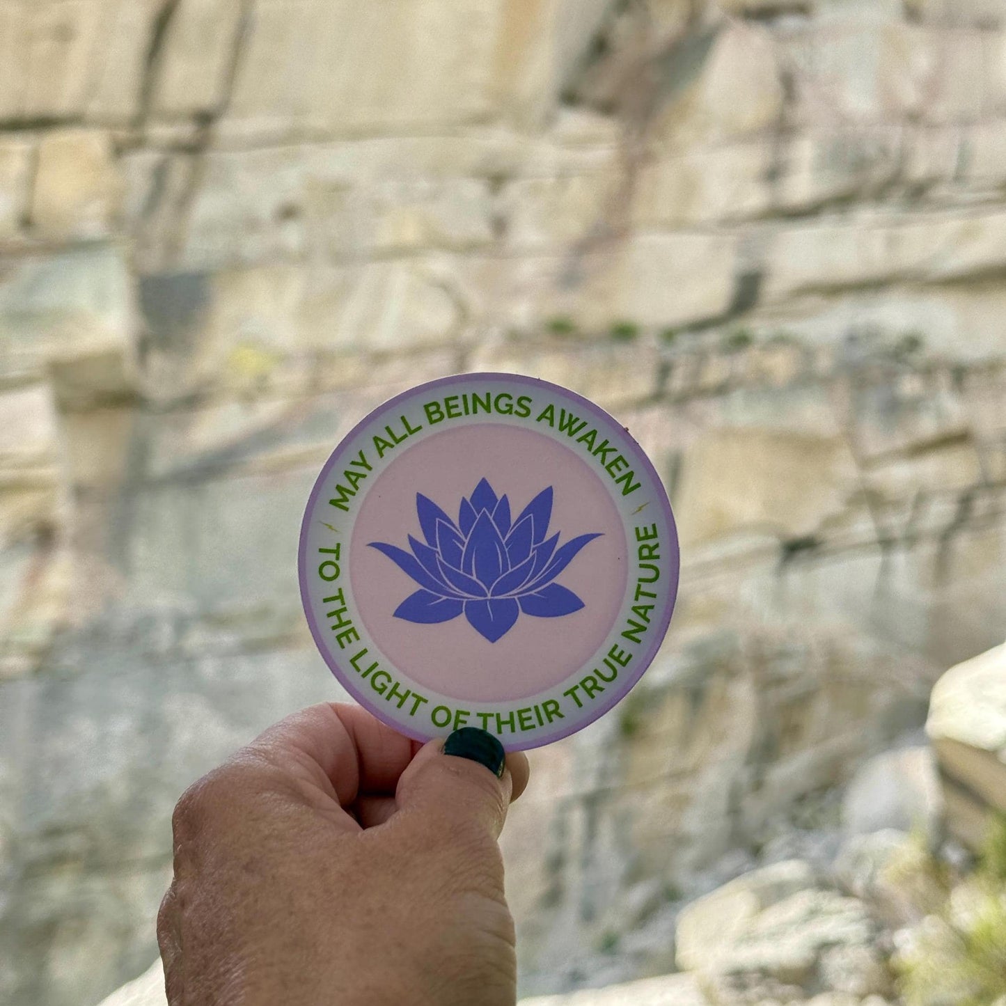 Hand holding a 3" round sticker with a purple lotus flower design and the text, may all beings awaken to the light of their true nature against a stone wall background.