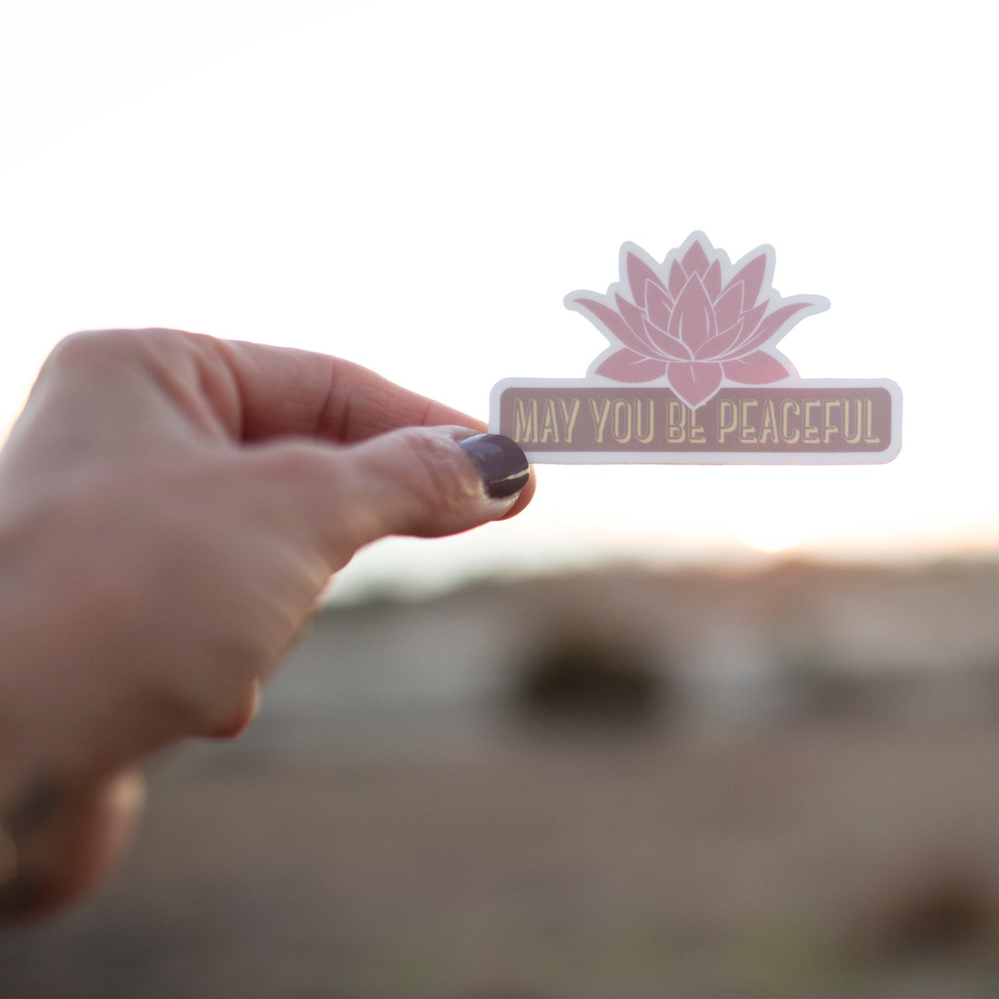 Hand holding a sticker with a lotus flower design and text 'May You Be Peaceful' against a blurred natural background.