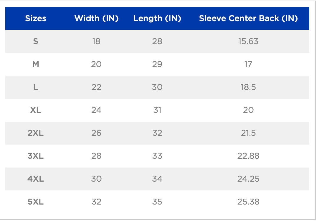 Table displaying size chart for width, length, and sleeve center back measurements.