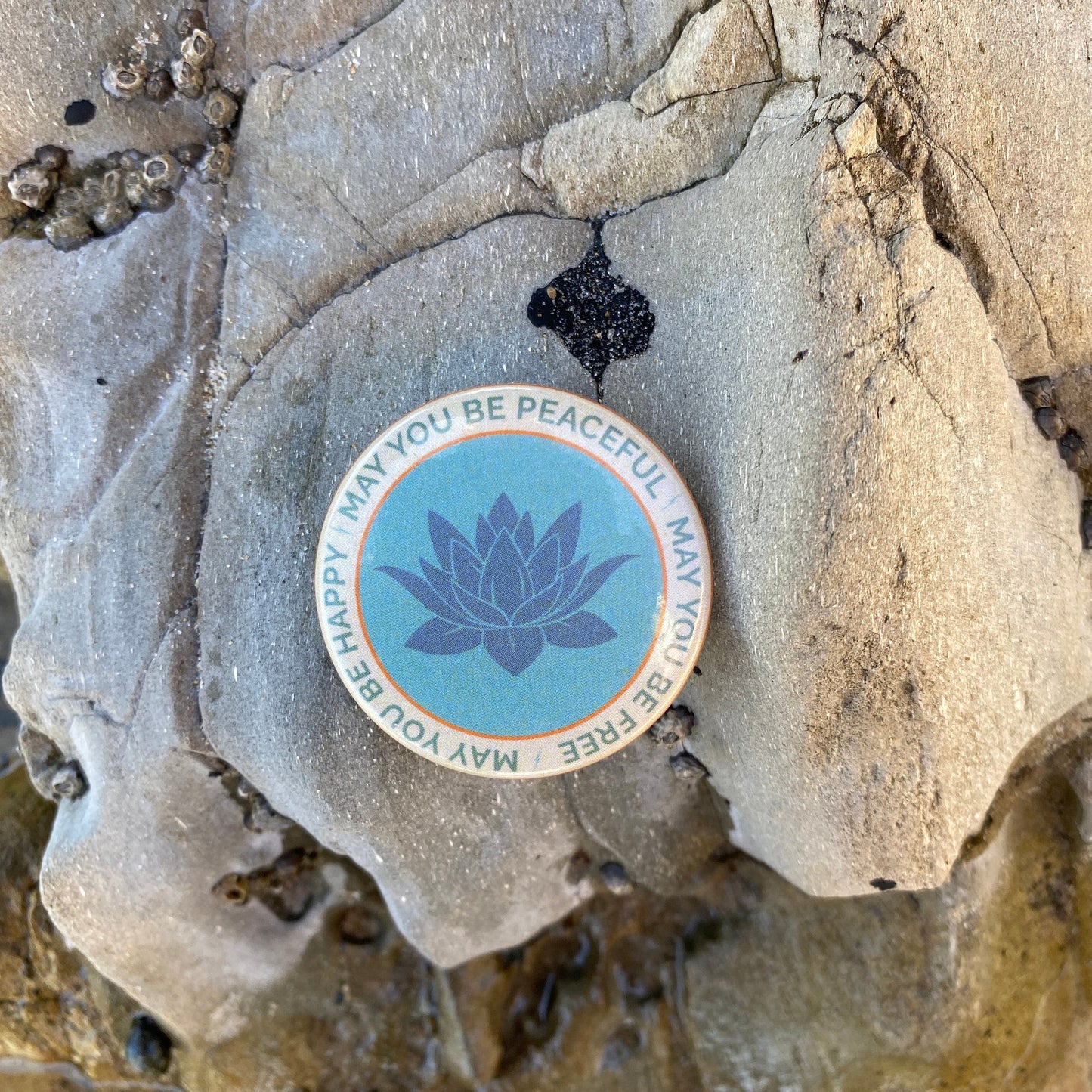 May You Be Peaceful-May You Be Free-May You Be Happy 1.5" Lotus Pinback Button | Buddhist Prayer | Made in USA