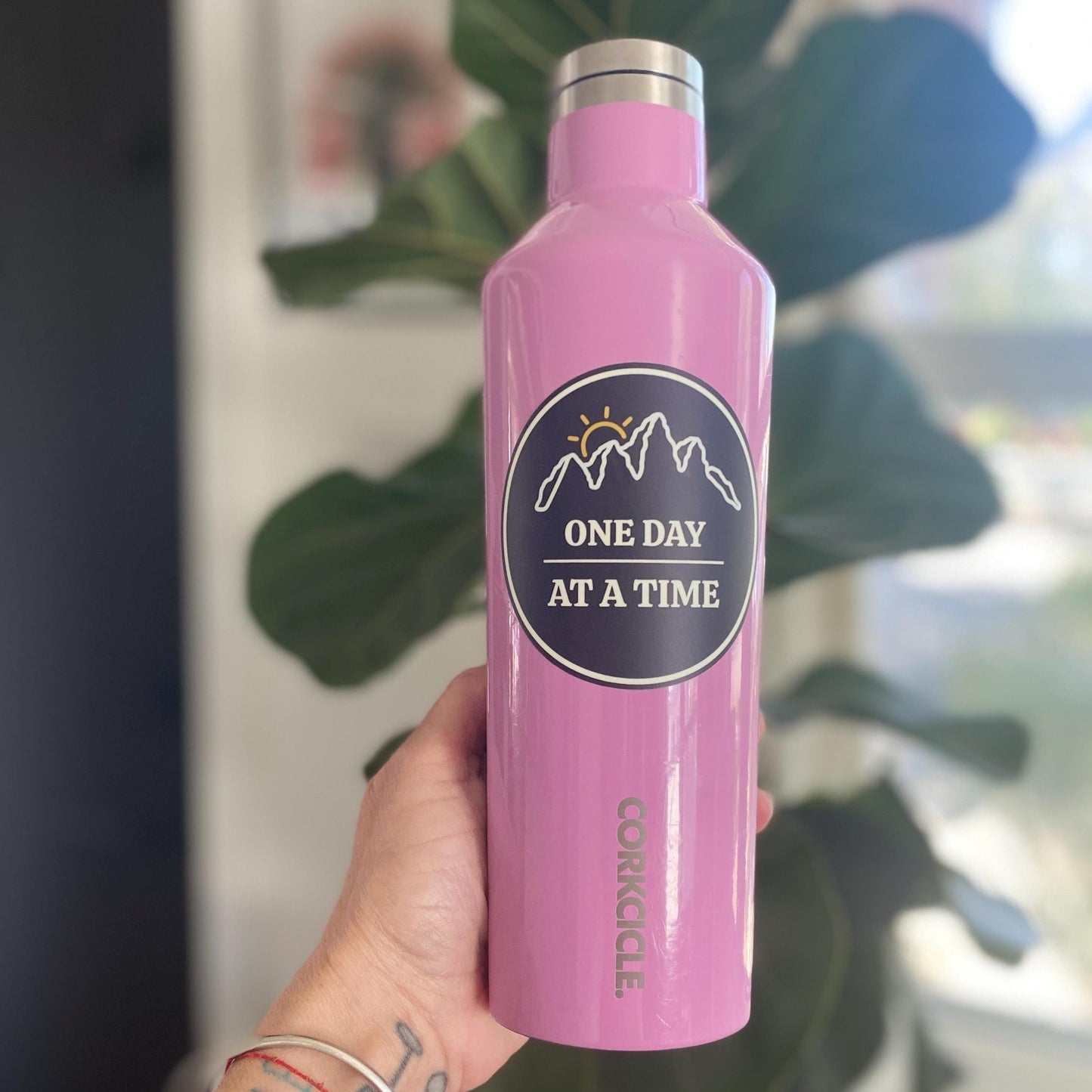 Pink Corkcicle water bottle with a "3 round sticker with outline of mountains and a sunset with 'One Day at a Time' text held by a hand, blurred plant in the background.