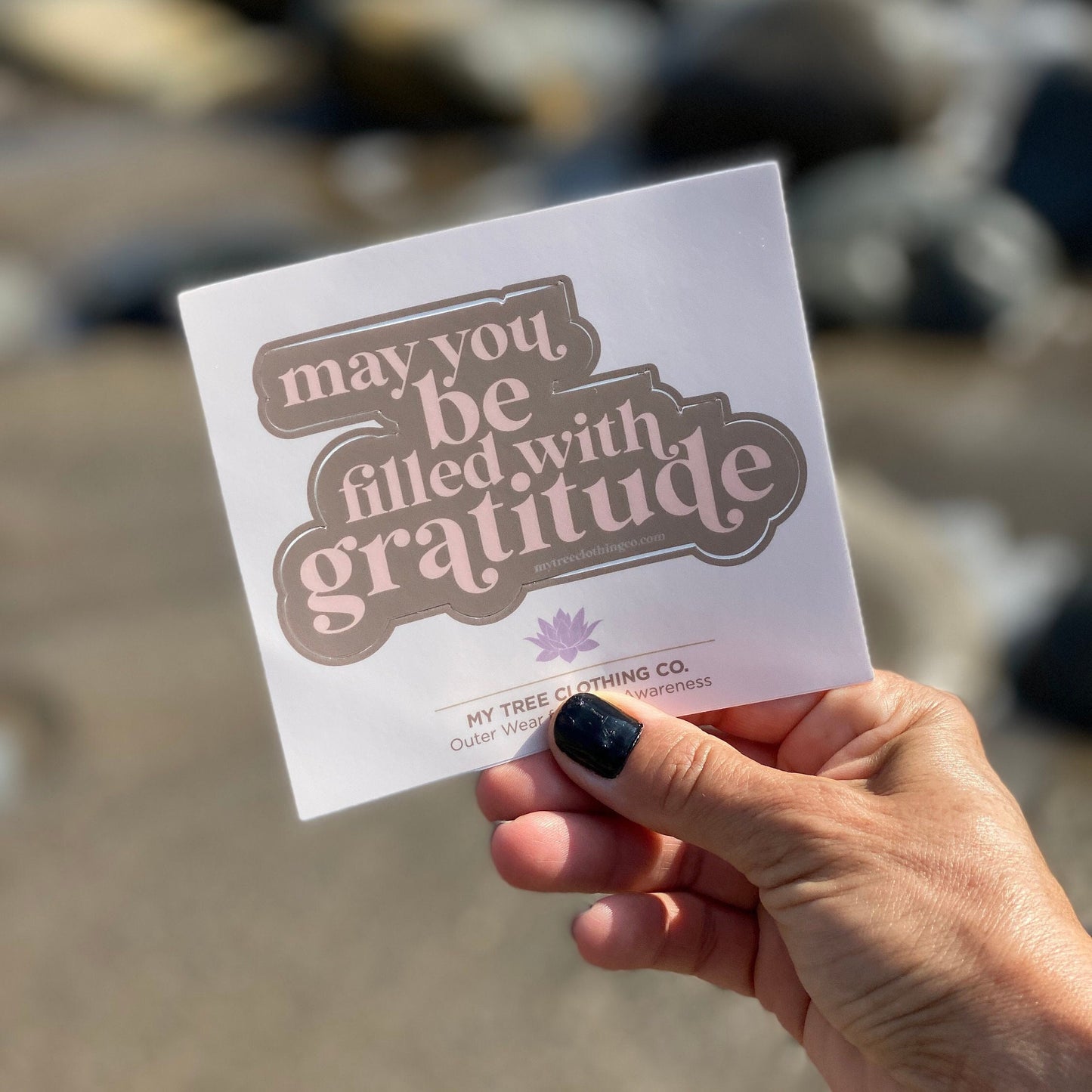 Hand holding a pink and brown sticker that reads, may you be filled with gratitude. Against a blurred natural background