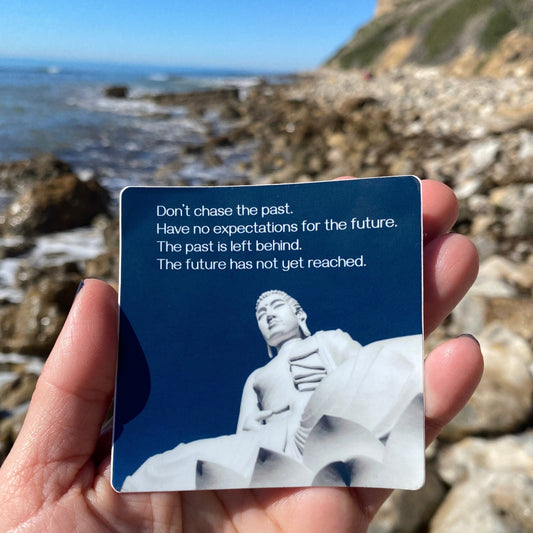 Hand holding a 3" round sticker with a Buddha statue and text, "don't chase the past, have no expectations for the future, the past is left behind, the future has not yet reached" on a rocky beach.