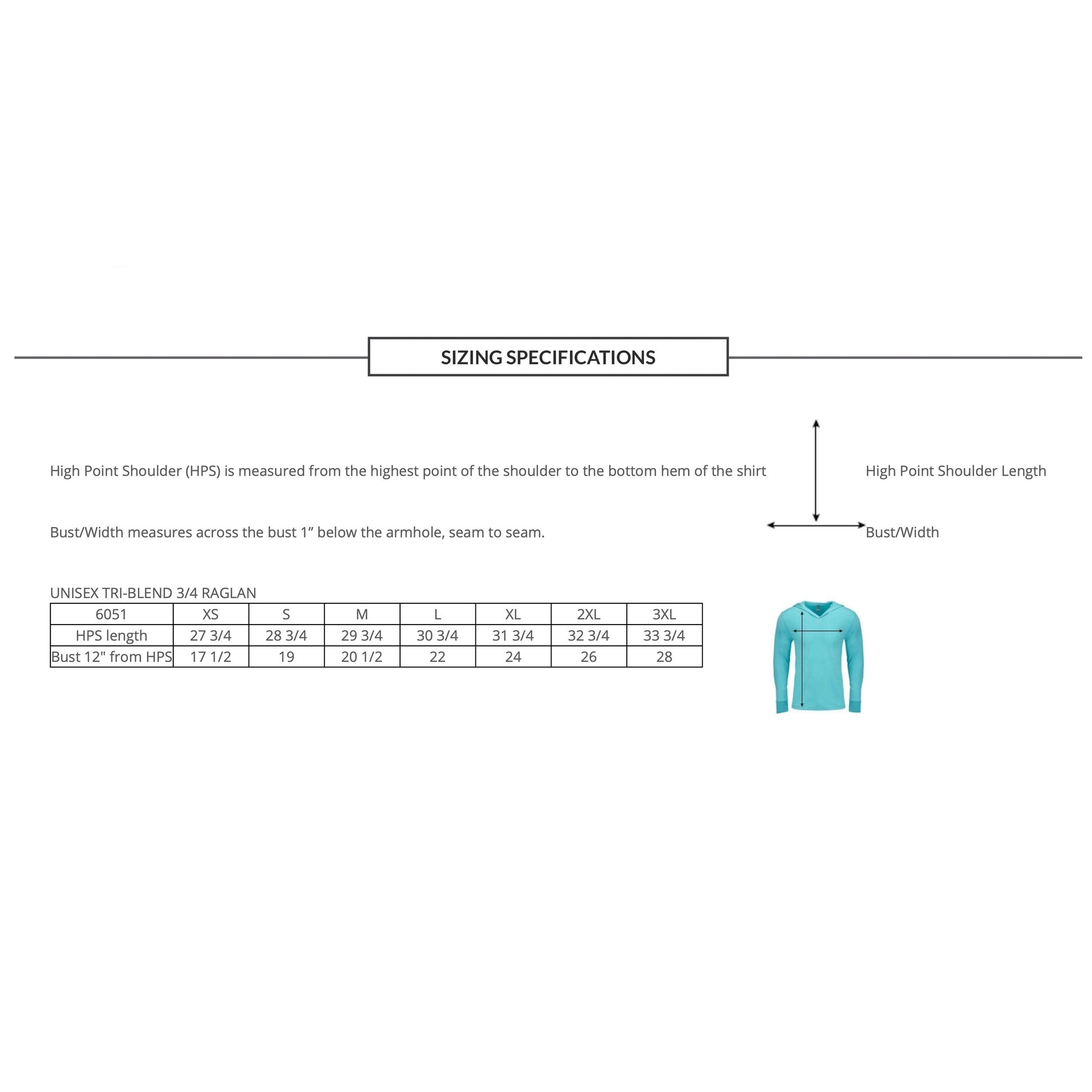 Sizing chart for a Tri-Blend Raglan shirt with measurements and a sample shirt on a white background.