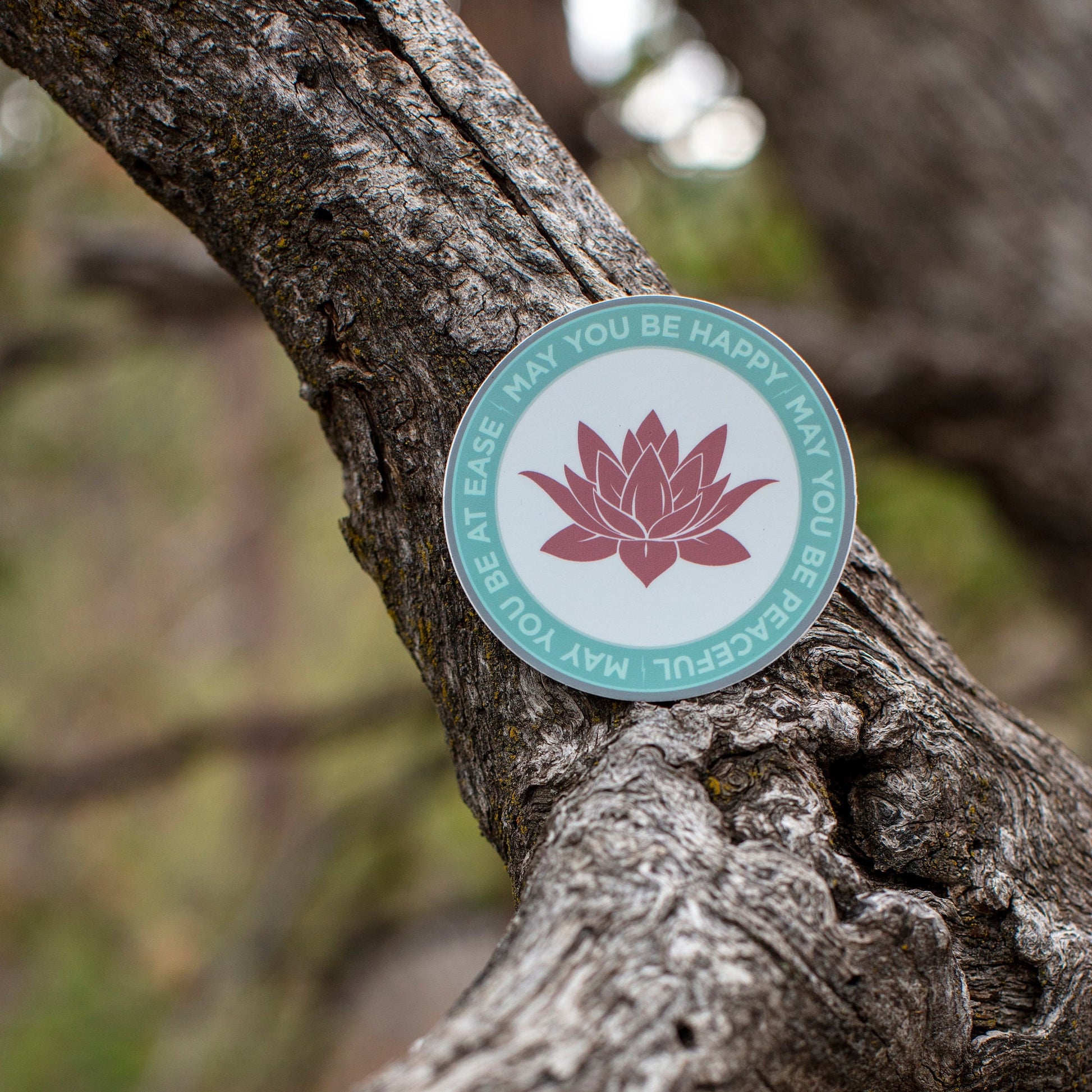 Three inch round ultra thin magnet with pink lotus flower design and text, may you be happy may you be peaceful, may you be at ease, on a tree branch.