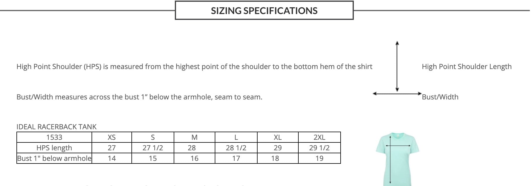 Sizing chart for a racerback tank top with measurements and diagram.