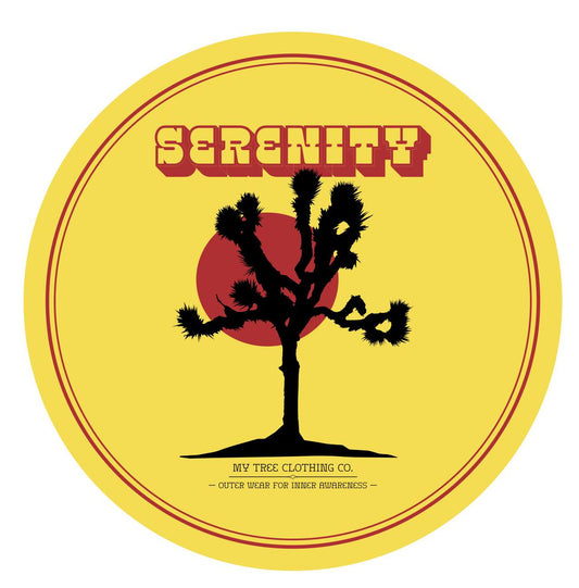 Original artwork for 2" circular sticker with a Joshua tree silhouette, red sun, and 'Serenity' text on a yellow background.
