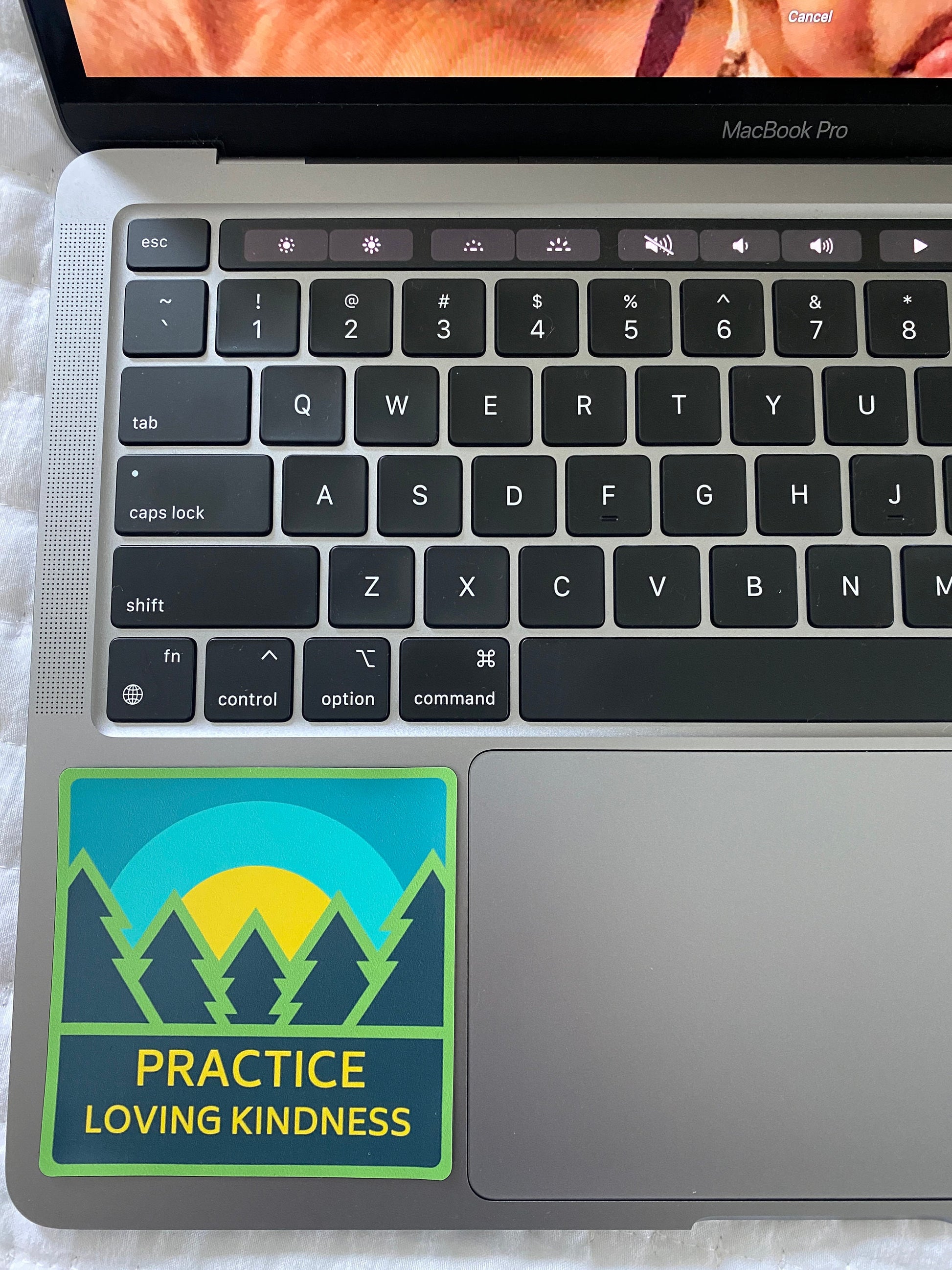 Laptop with a 'Practice Loving Kindness' sticker on a soft surface