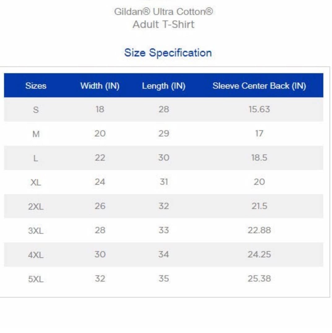 Size specification chart for Gildan Ultra Cotton Adult T-Shirts on a white background