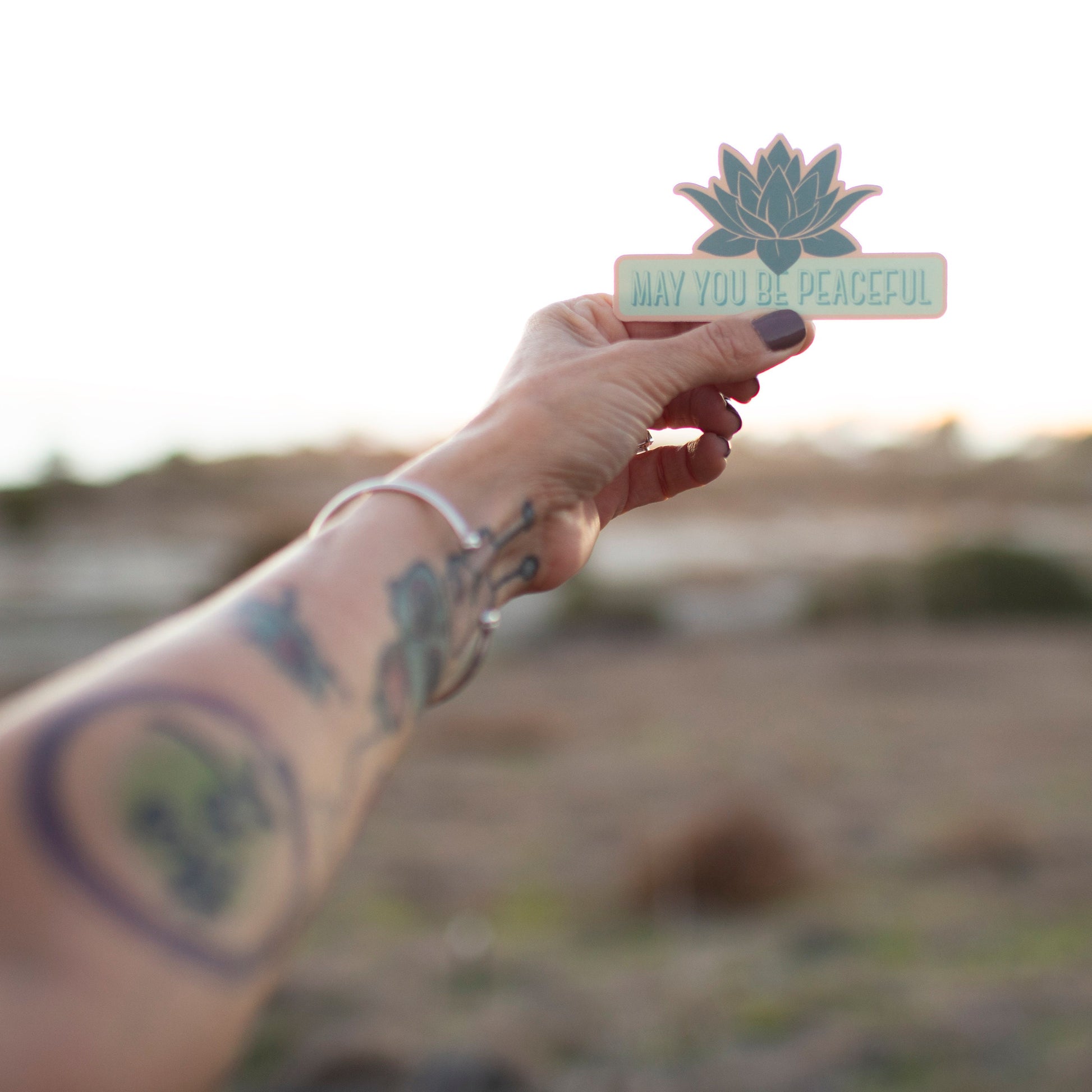 Hand holding a small sign with 'May you be peaceful' text against a blurred natural background