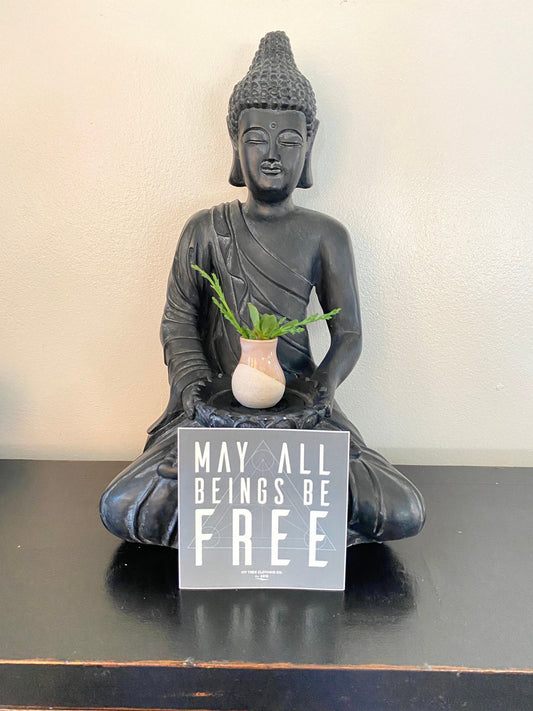 Buddha statue with a small plant and a Buddhist inspired 5" sticker reading 'May all beings be free' on a dark surface.