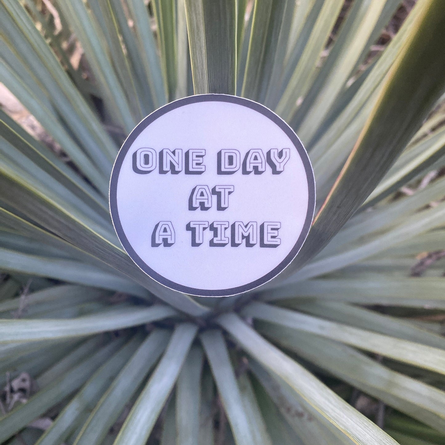 Circular sign with 'ONE DAY AT A TIME' text on a plant background