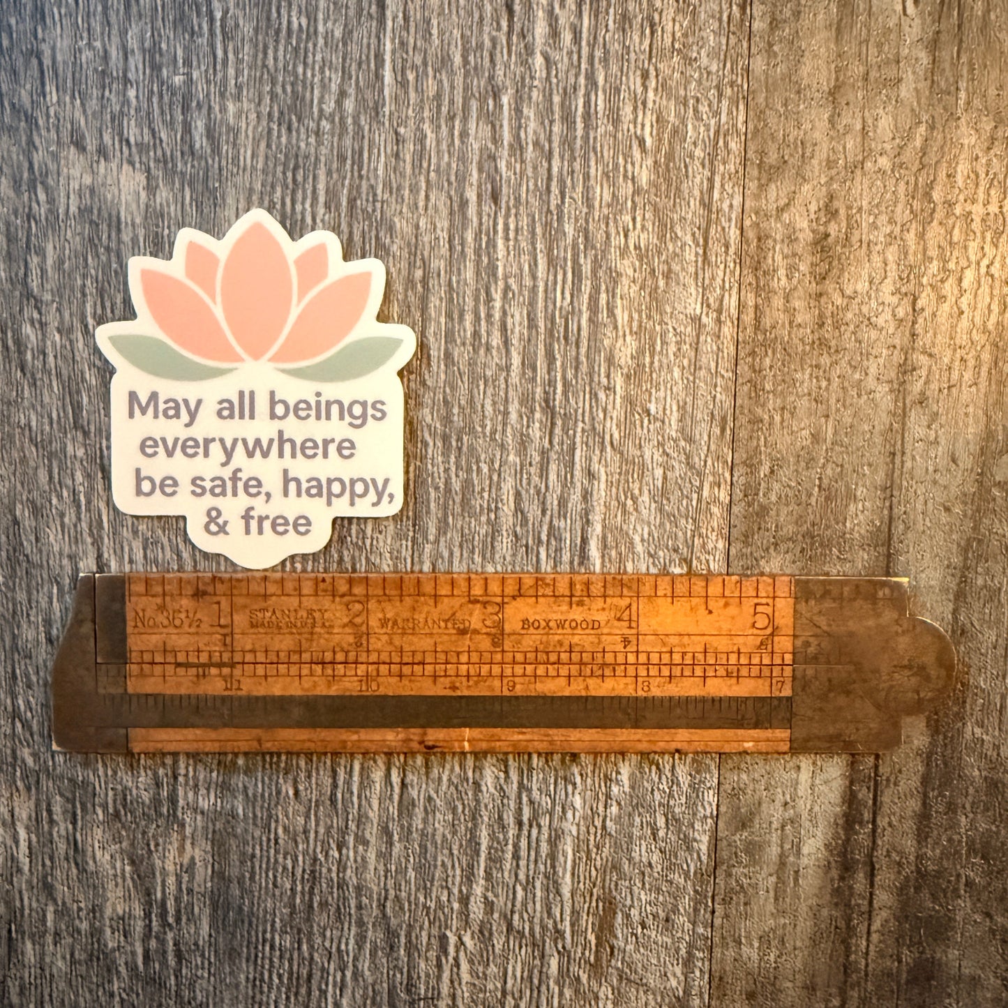 Die cut sticker with a pink lotus thats says, MAY ALL BEINGS EVERYWHERE BE SAFE, HAPPY, & FREE.