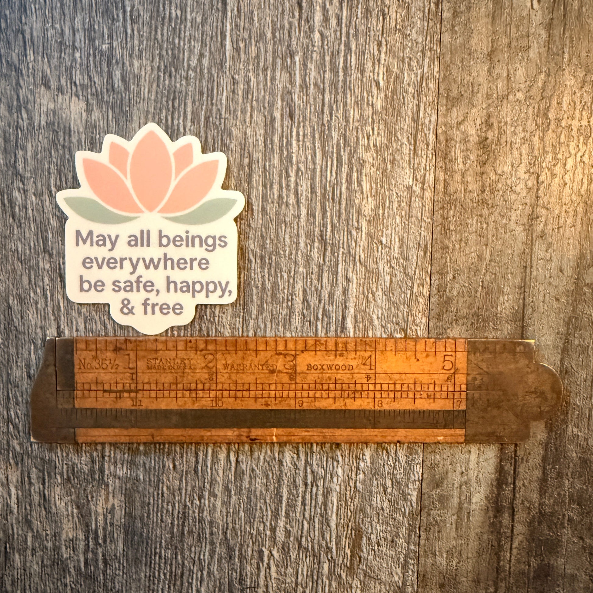 Die cut sticker with a pink lotus thats says, MAY ALL BEINGS EVERYWHERE BE SAFE, HAPPY, & FREE.