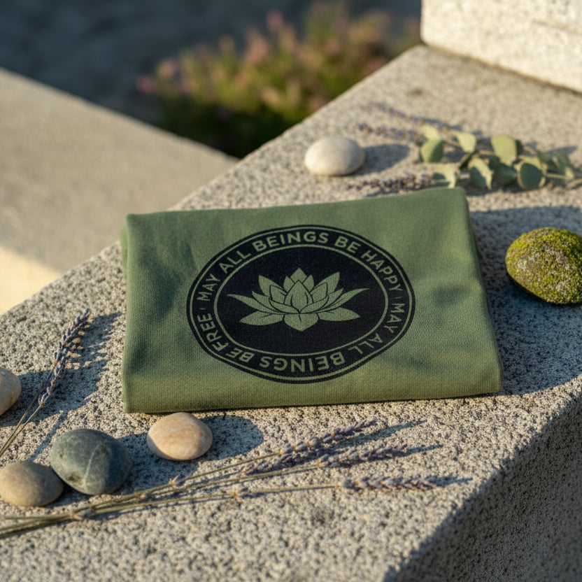 Close up photo of green Buddhist lotus shirt with the text, May All Beings Be Happy May All Beings Be Free.